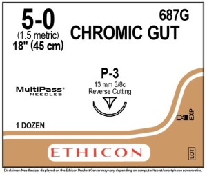 JJ687G Ethicon Chromic Gut Sutures 5/0, 13mm, 3/8 Circle 45cm Absorbable Sutures Box/12